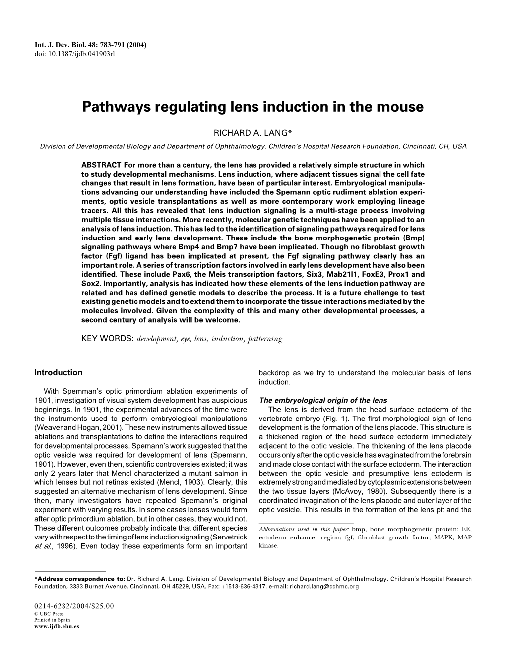 Pathways Regulating Lens Induction in the Mouse