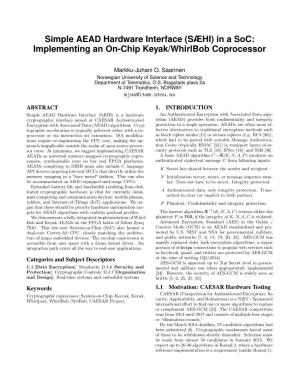 Simple AEAD Hardware Interface (SÆHI) in a Soc: Implementing an On-Chip Keyak/Whirlbob Coprocessor