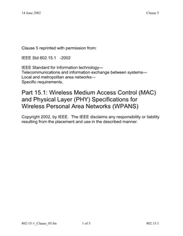 Part 15.1: Wireless Medium Access Control (MAC) and Physical Layer (PHY) Specifications for Wireless Personal Area Networks (WPANS)