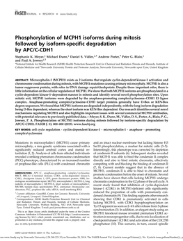 Phosphorylation of MCPH1 Isoforms During Mitosis Followed by Isoform-Specific Degradation by APC/C-CDH1 † Stephanie K