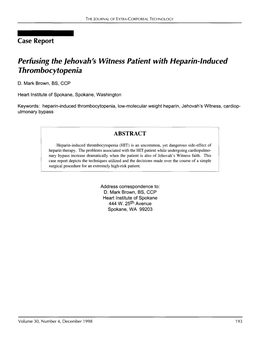 Perfusing the Jehovah's Witness Patient with Heparin-Induced Thrombocytopenia