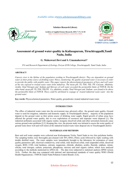 Assessment of Ground Water Quality in Kailasapuram, Tiruchirappalli,Tamil Nadu, India