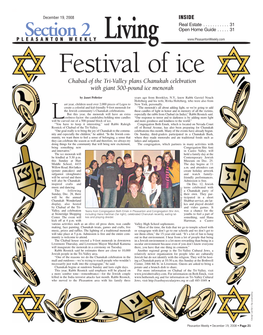 Section 2 PLEASANTON WEEKLY Livingliving Festival of Ice Chabad of the Tri-Valley Plans Chanukah Celebration with Giant 500-Pound Ice Menorah
