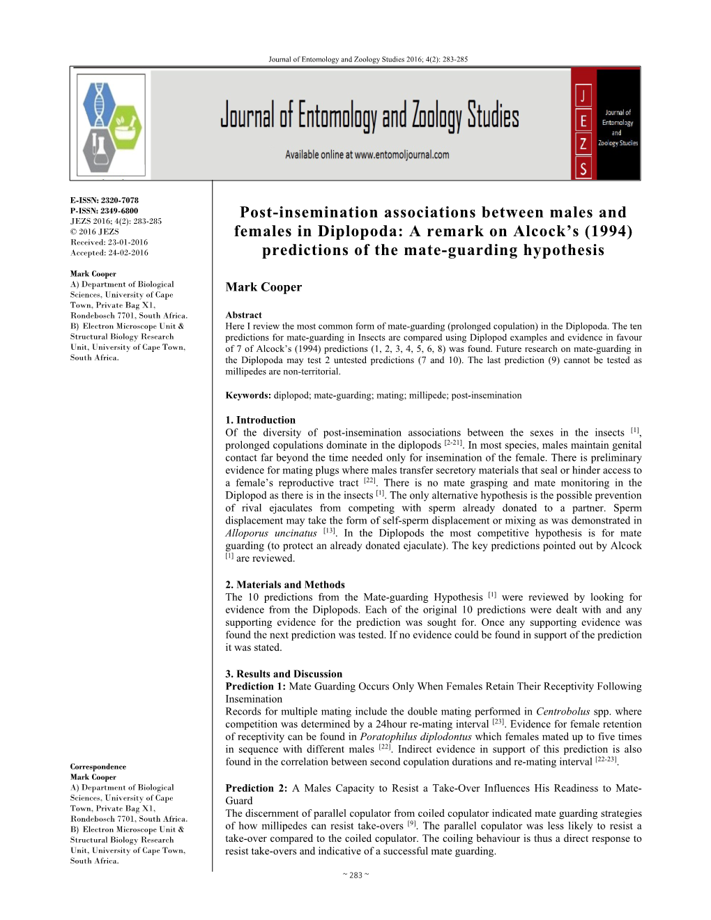 Post-Insemination Associations Between Males and Females in Diplopoda