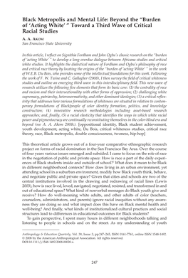 Black Metropolis and Mental Life: Beyond the “Burden of ‘Acting White’ ” Toward a Third Wave of Critical Racial Studies