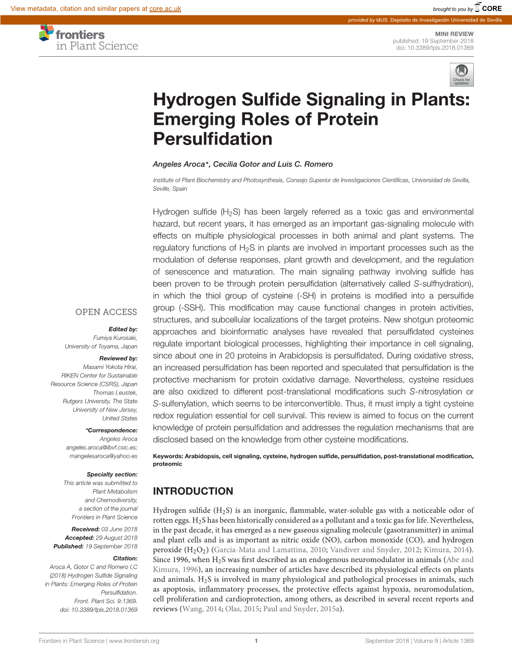 Hydrogen Sulfide Signaling in Plants: Emerging Roles of Protein