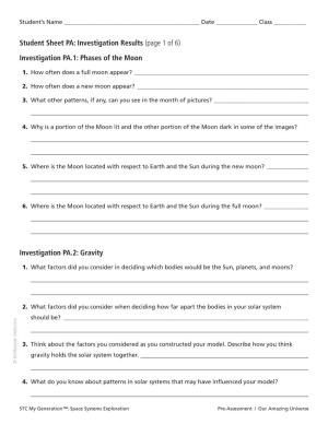 Student Sheet PA: Investigation Results (Page 1 of 6)
