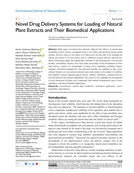 Novel Drug Delivery Systems for Loading of Natural Plant Extracts and Their Biomedical Applications