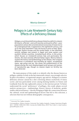 Pellagra in Late Nineteenth Century Italy: Effects of a Deficiency Disease