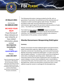 Mamba Ransomware Weaponizing Diskcryptor Contact FBI CYWATCH Summary