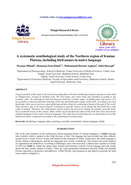 A Systematic Ornithological Study of the Northern Region of Iranian Plateau, Including Bird Names in Native Language