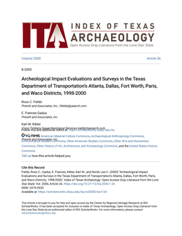 Archeological Impact Evaluations and Surveys in the Texas Department of Transportation's Atlanta, Dallas, Fort Worth, Paris, and Waco Districts, 1998-2000