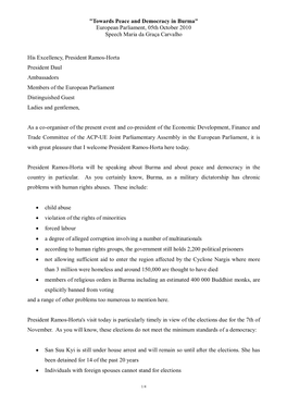 "Towards Peace and Democracy in Burma" European Parliament, 05Th October 2010 Speech Maria Da Graça Carvalho