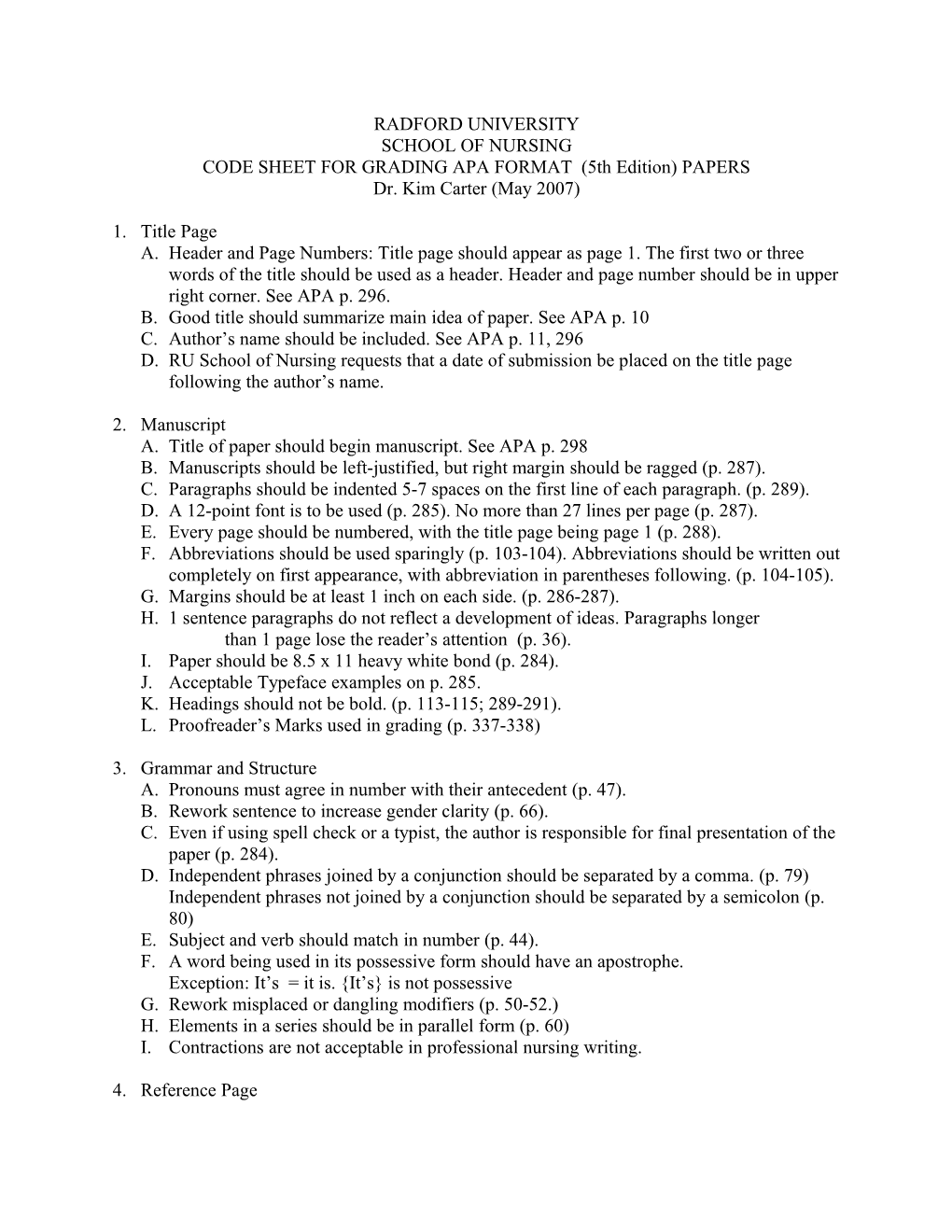CODE SHEET for GRADING APA FORMAT (5Th Edition) PAPERS