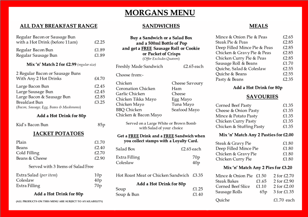 Morgans Menu