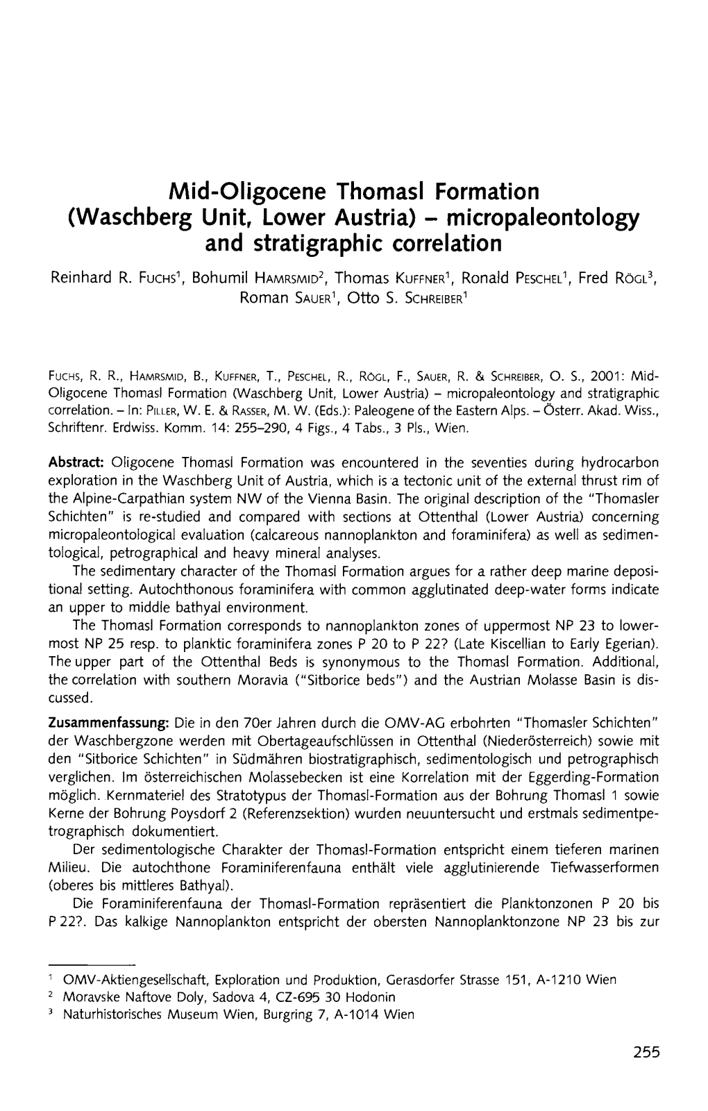 Mid-Oligocene Thomasl Formation (Waschberg Unit, Lower Austria) - Micropaleontology and Stratigraphic Correlation
