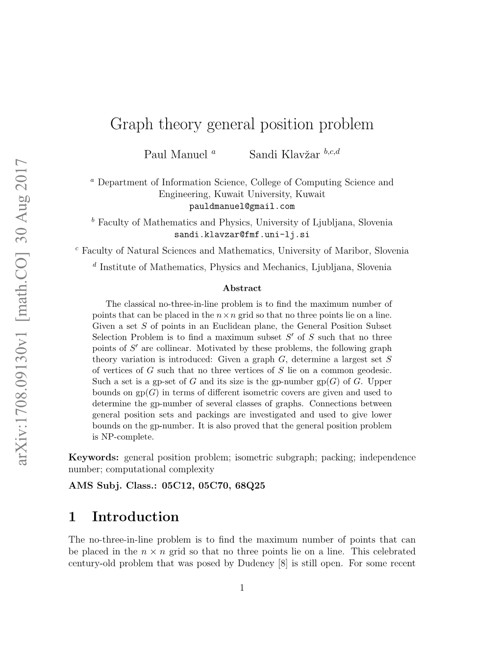 Graph Theory General Position Problem Arxiv:1708.09130V1 [Math