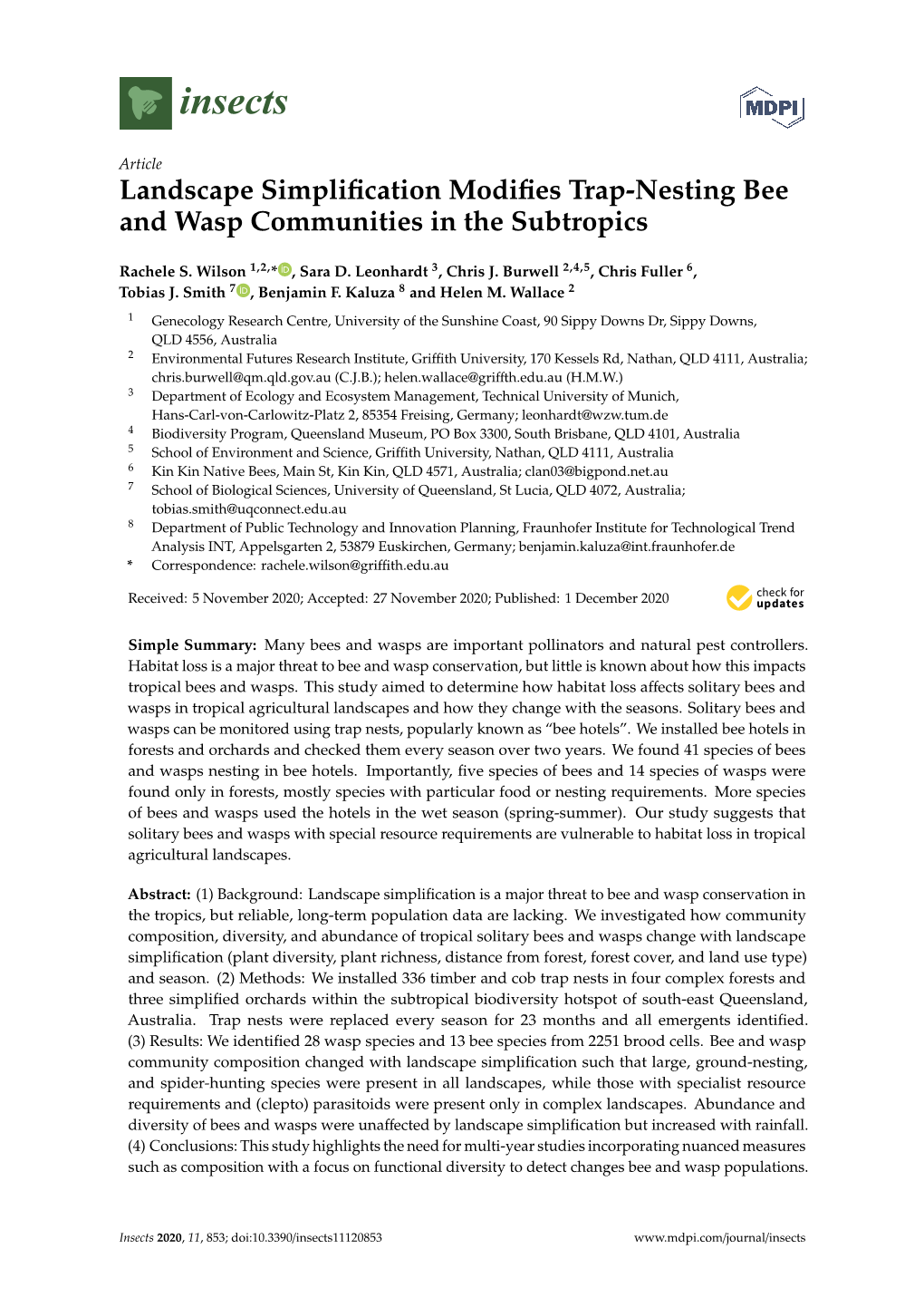 Landscape Simplification Modifies Trap-Nesting Bee and Wasp Communities in the Subtropics