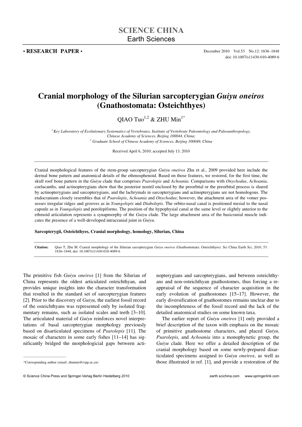 SCIENCE CHINA Cranial Morphology of the Silurian Sarcopterygian Guiyu Oneiros (Gnathostomata: Osteichthyes)