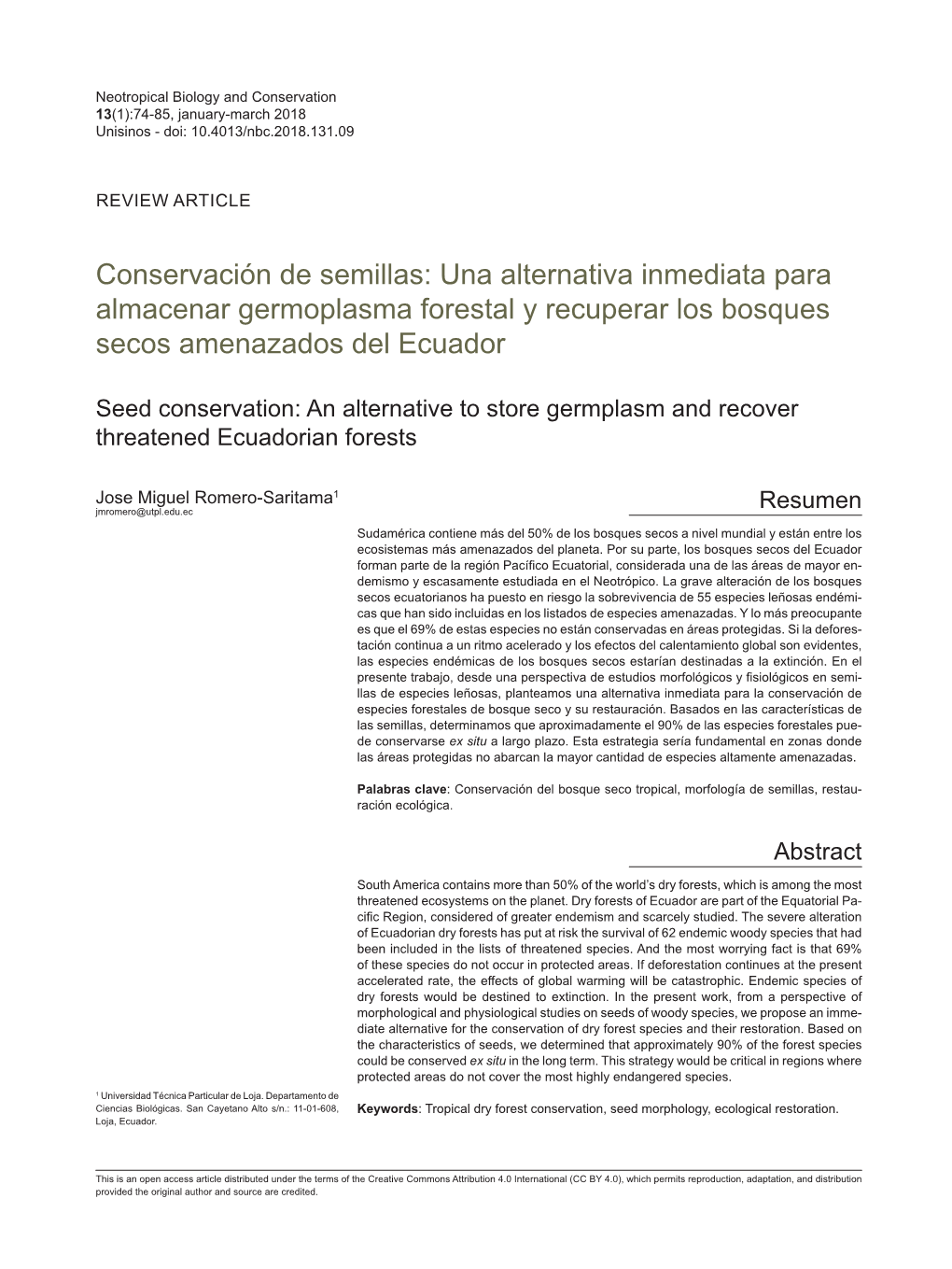 Conservación De Semillas: Una Alternativa Inmediata Para Almacenar Germoplasma Forestal Y Recuperar Los Bosques Secos Amenazados Del Ecuador