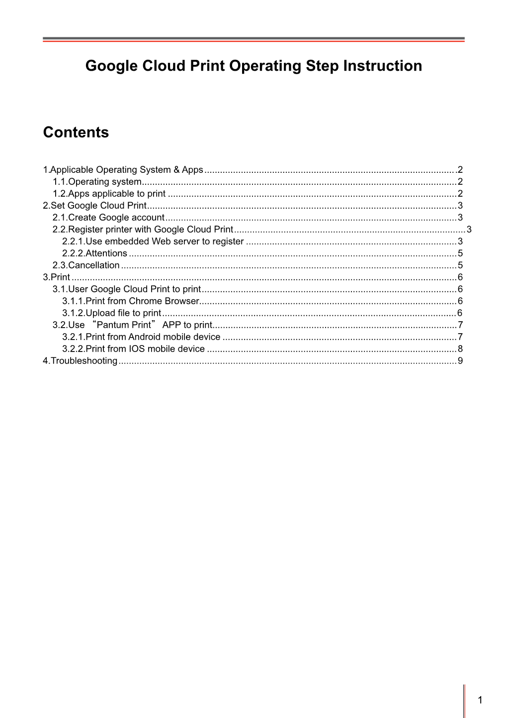 Google Cloud Print Operating Step Instruction Contents