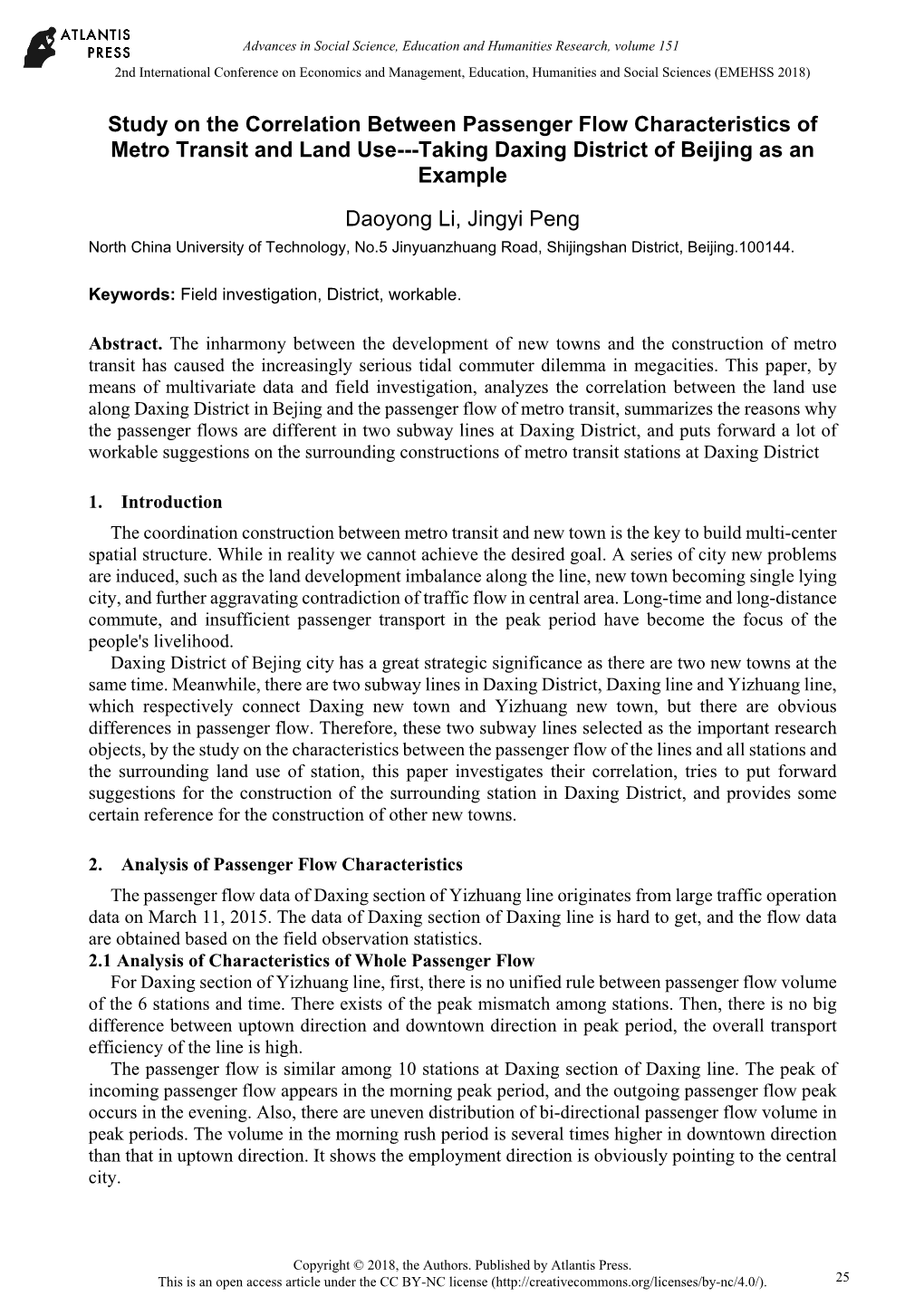 Study on the Correlation Between Passenger Flow Characteristics of Metro Transit and Land Use---Taking Daxing District of Beijing As an Example