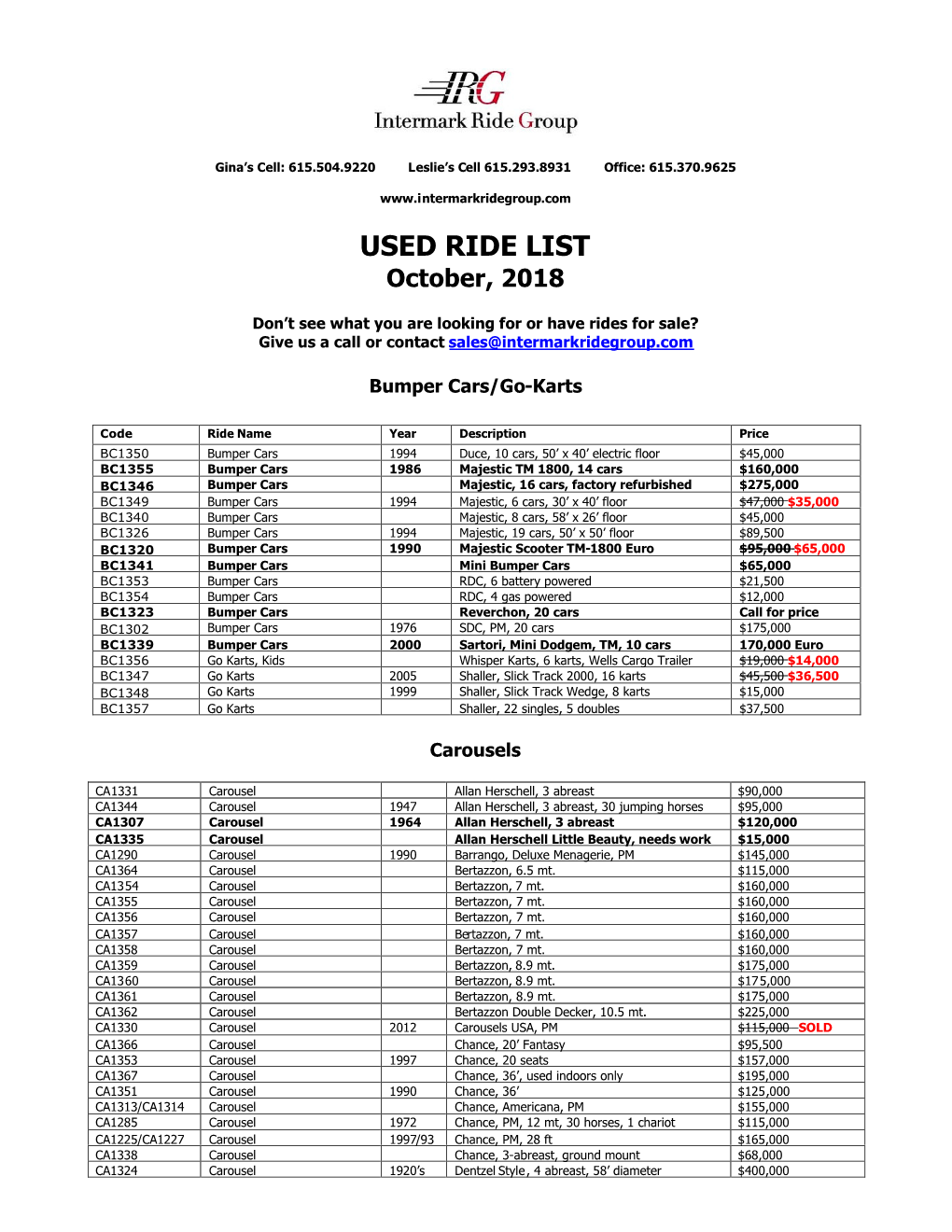 USED RIDE LIST October, 2018