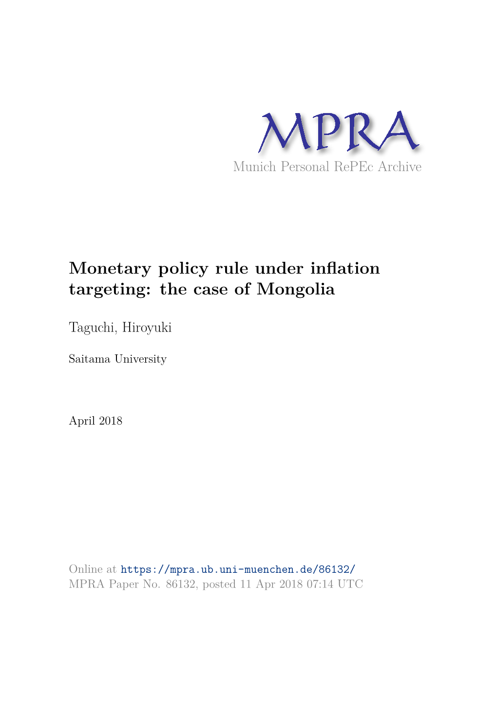 Monetary Policy Rule Under Inflation Targeting: the Case of Mongolia