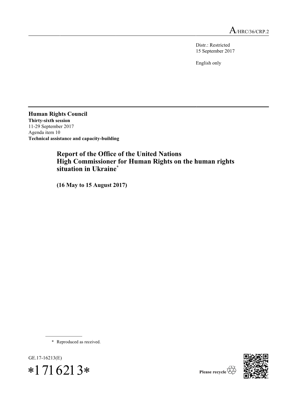 Report of the Office of the United Nations High Commissioner for Human Rights on the Human Rights Situation in Ukraine*
