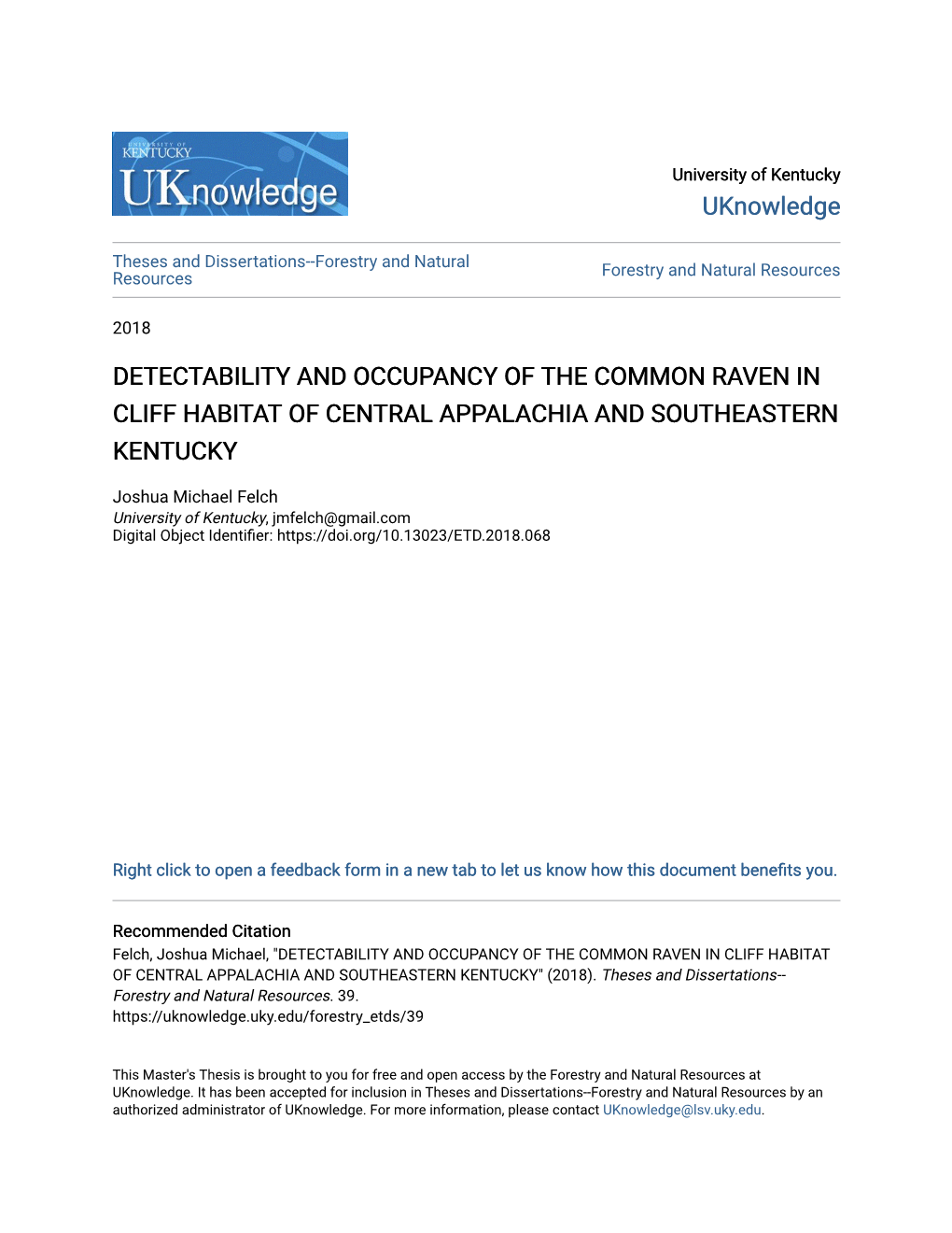 Detectability and Occupancy of the Common Raven in Cliff Habitat of Central Appalachia and Southeastern Kentucky