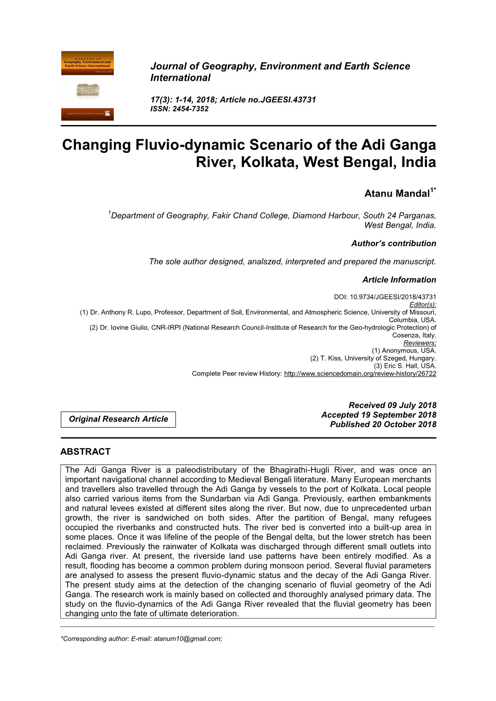 Changing Fluvio-Dynamic Scenario of the Adi Ganga River, Kolkata, West Bengal, India