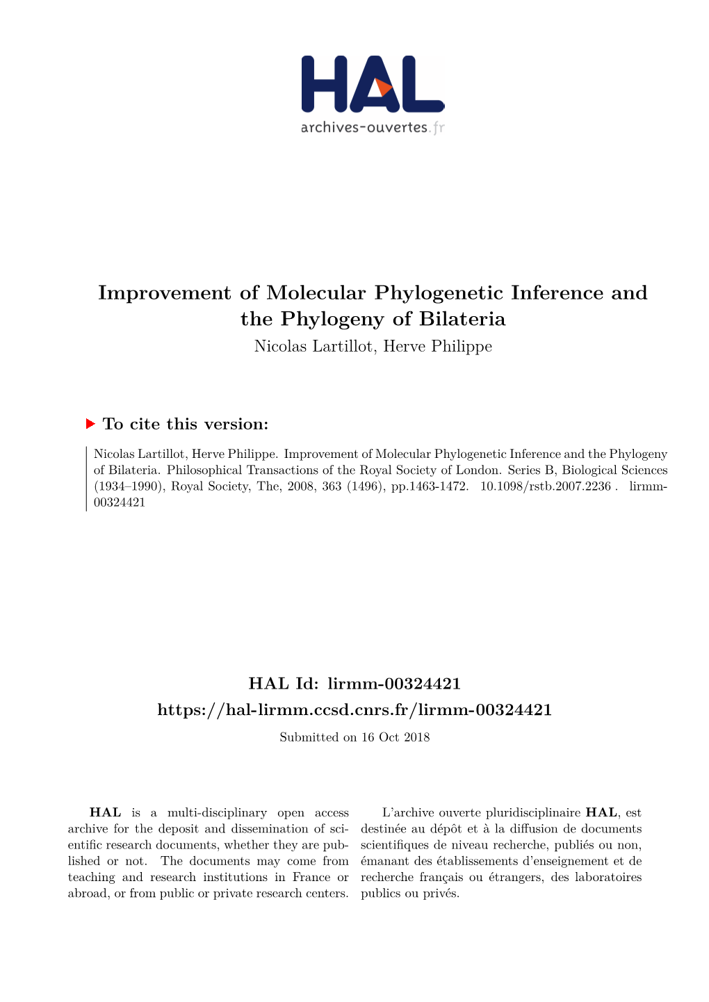 Improvement of Molecular Phylogenetic Inference and the Phylogeny of Bilateria Nicolas Lartillot, Herve Philippe