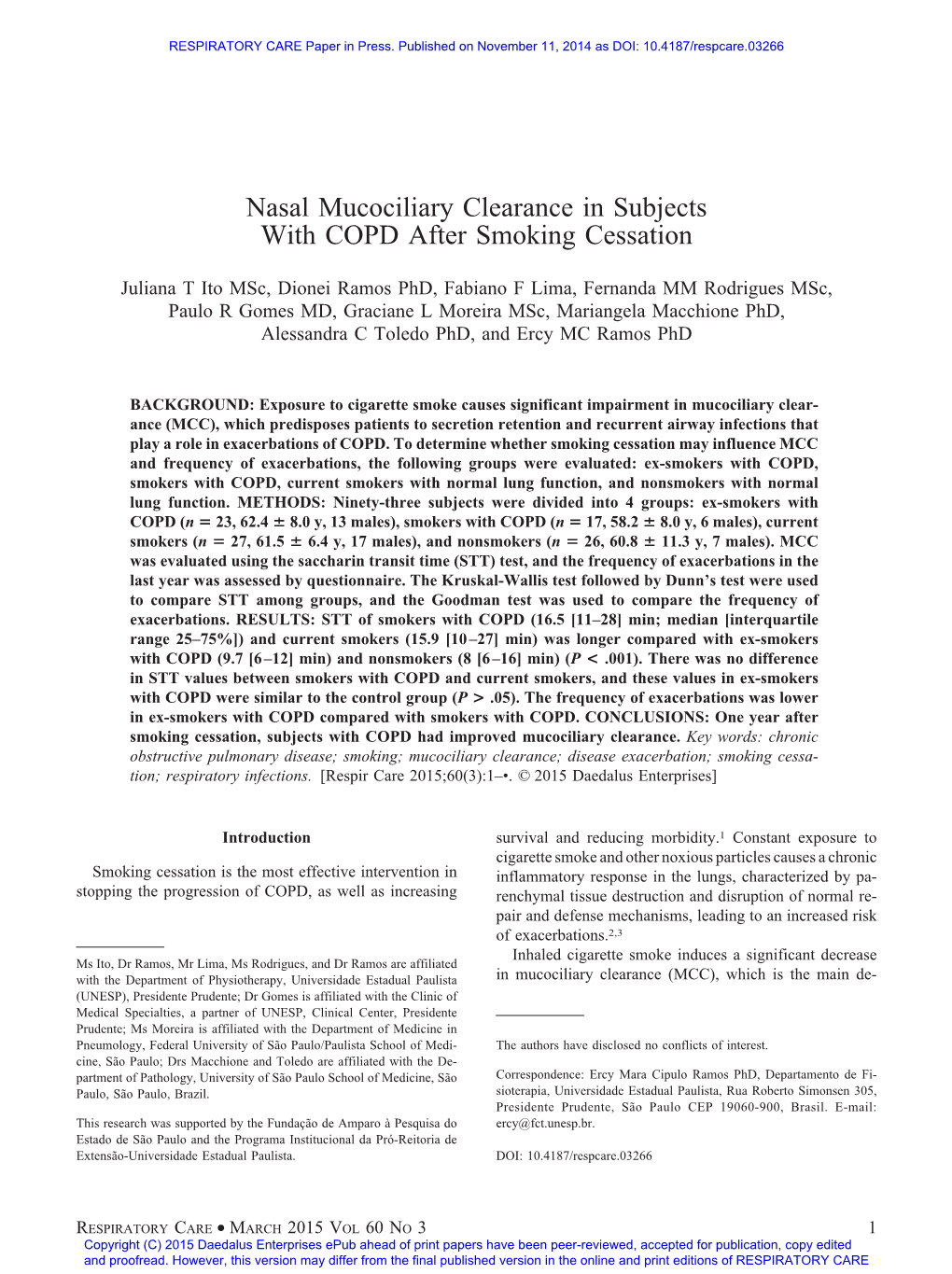 Nasal Mucociliary Clearance in Subjects with COPD After Smoking Cessation