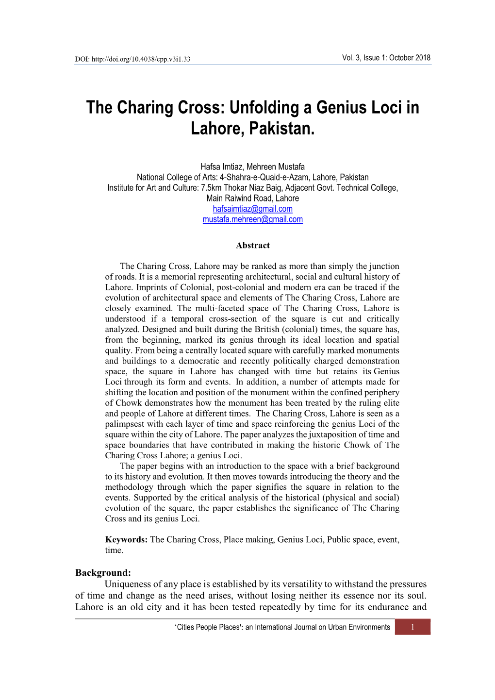 The Charing Cross: Unfolding a Genius Loci in Lahore, Pakistan