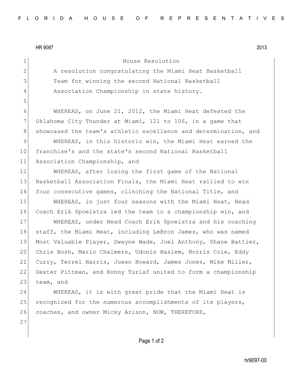 Hr9097-00 Page 1 of 2 House Resolution 1 A