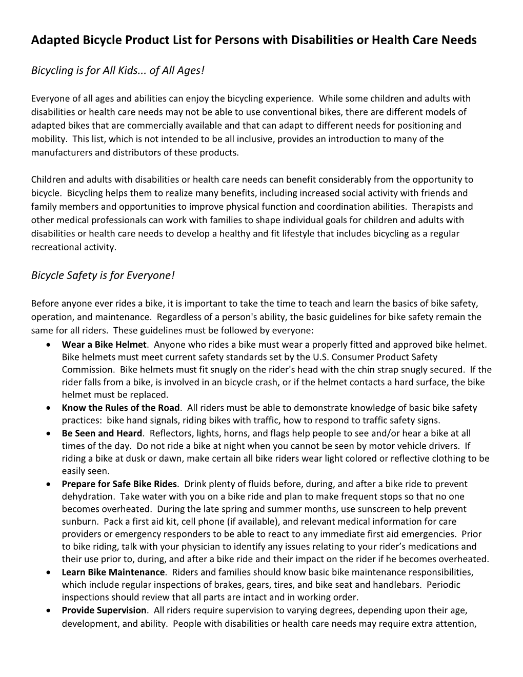 Adapted Bicycle Product List for Persons with Disabilities Or Health Care Needs