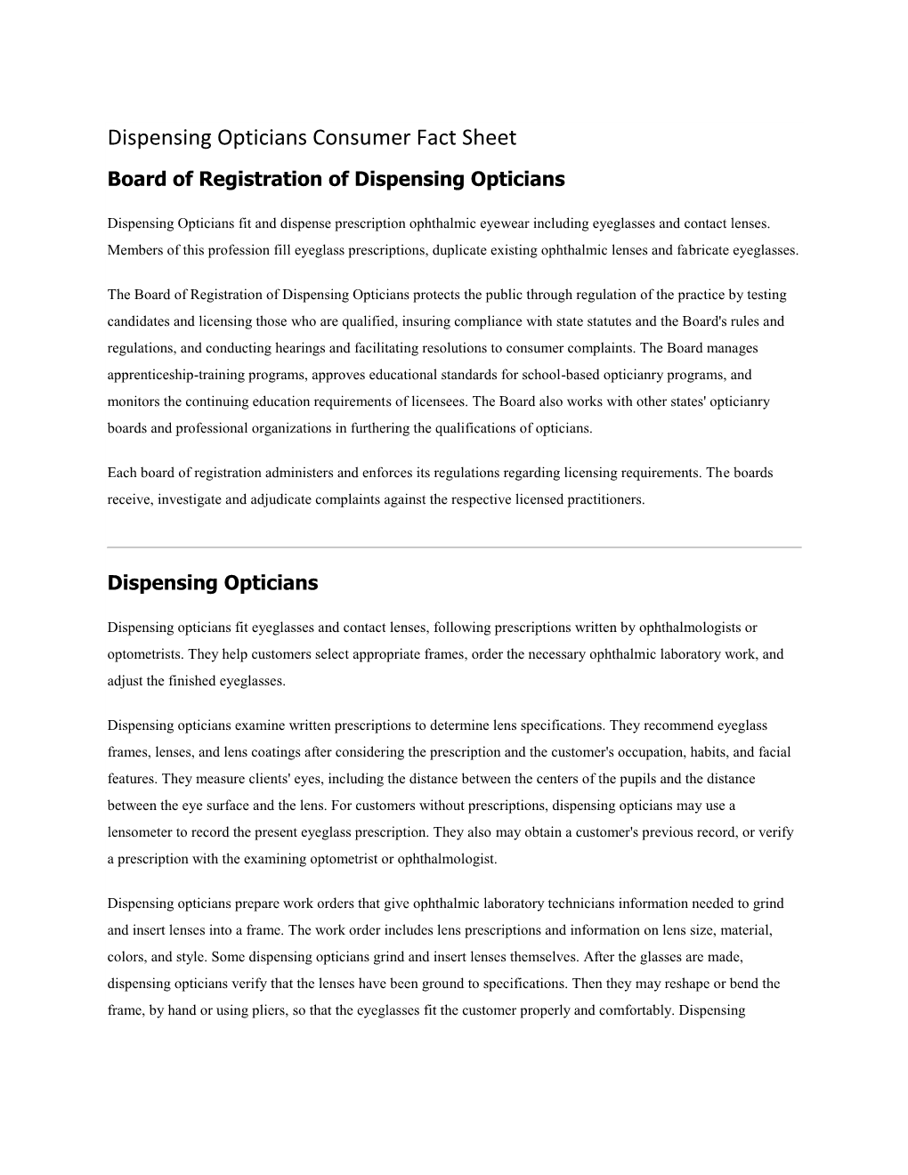 Dispensing Opticians Consumer Fact Sheet Board of Registration of Dispensing Opticians