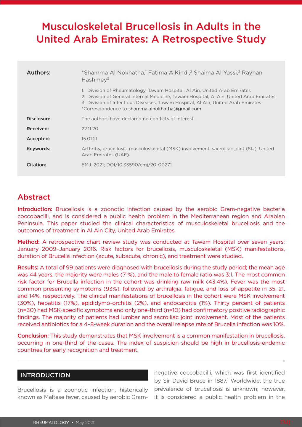 Musculoskeletal Brucellosis in Adults in the United Arab Emirates: a Retrospective Study