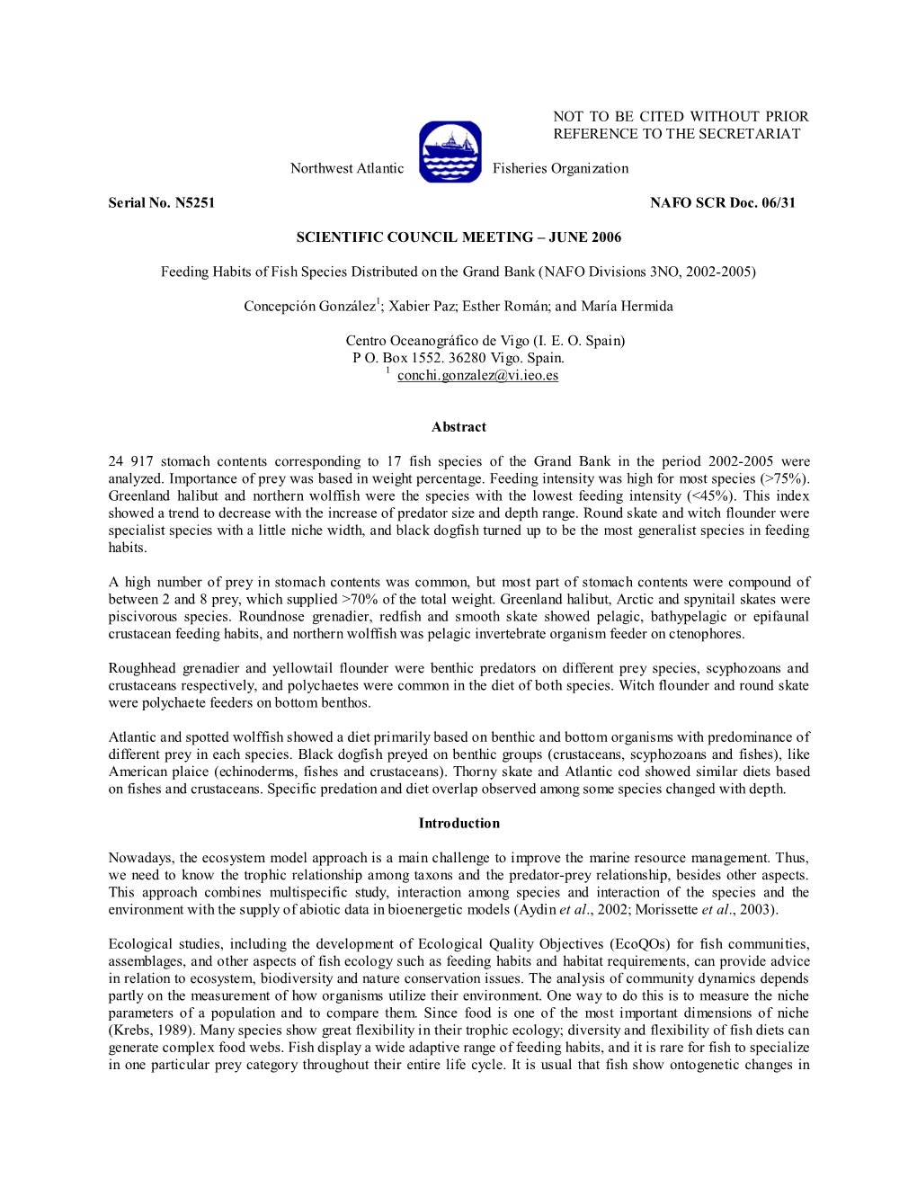 Feeding Habits of Fish Species Distributed on the Grand Bank (NAFO Divisions 3NO, 2002-2005)