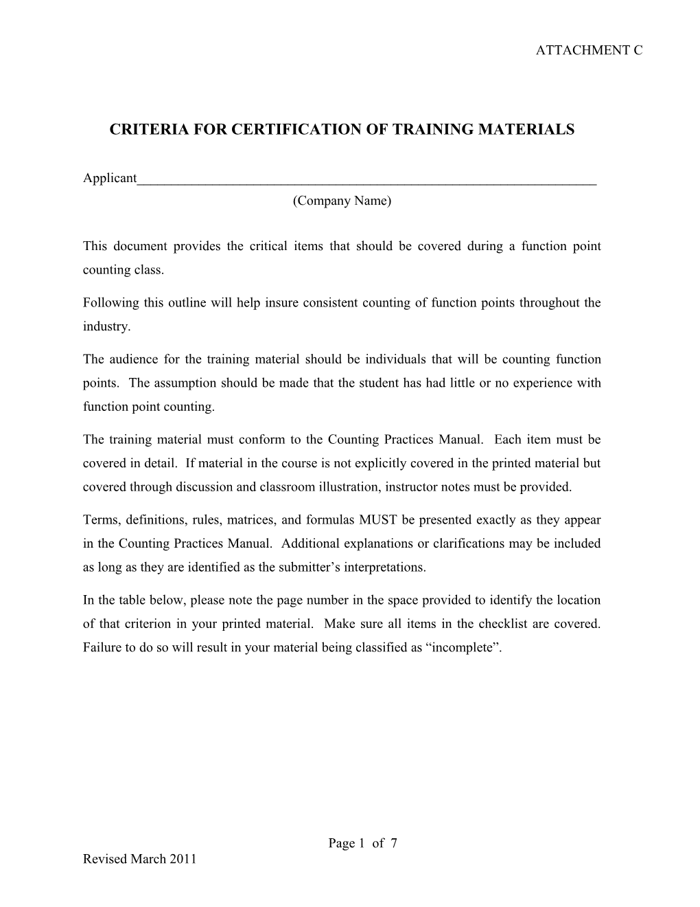 Criteria for Certification of Training Materials