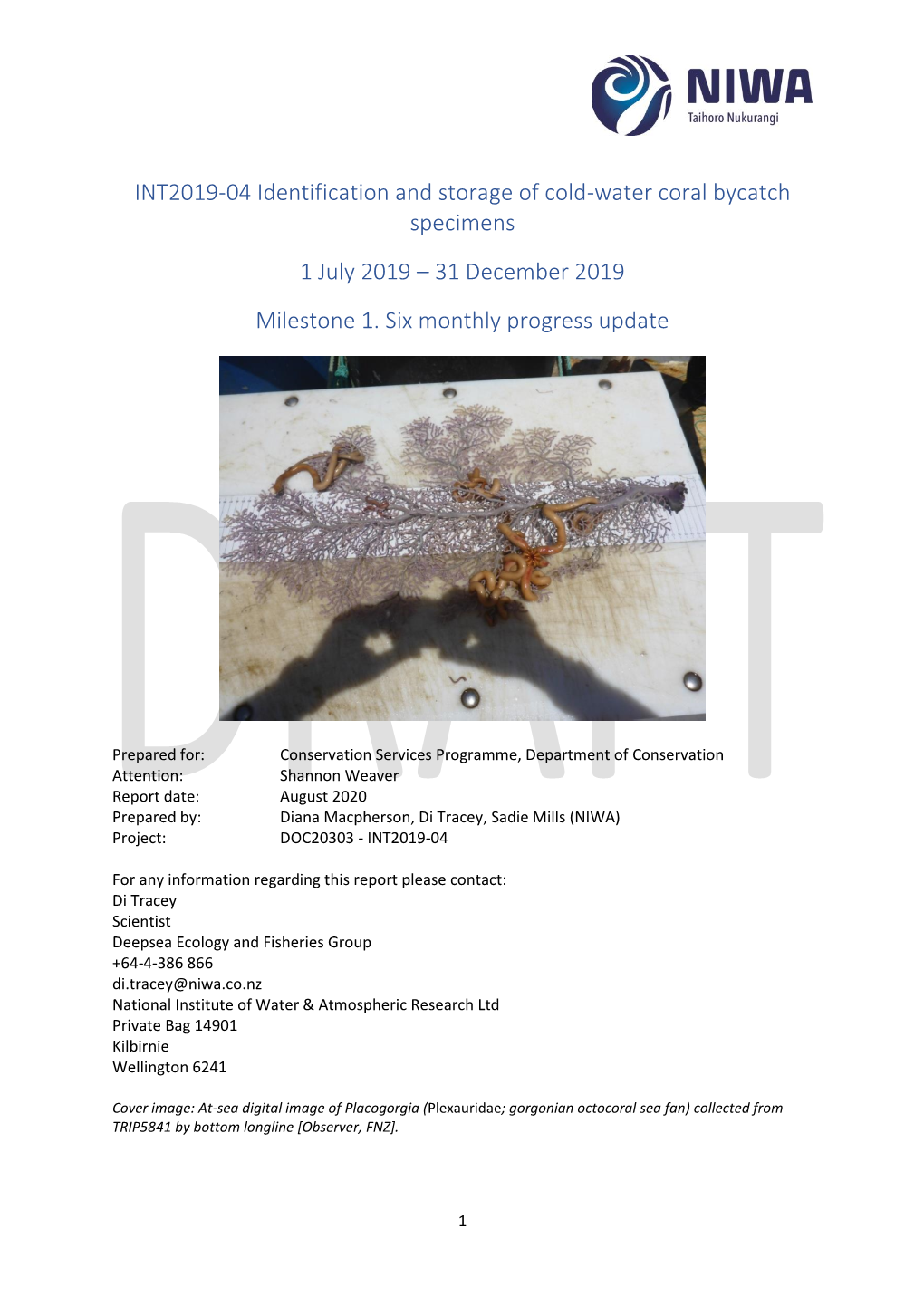 INT2019-04 Identification and Storage of Cold-Water Coral Bycatch Specimens 1 July 2019 – 31 December 2019 Milestone 1