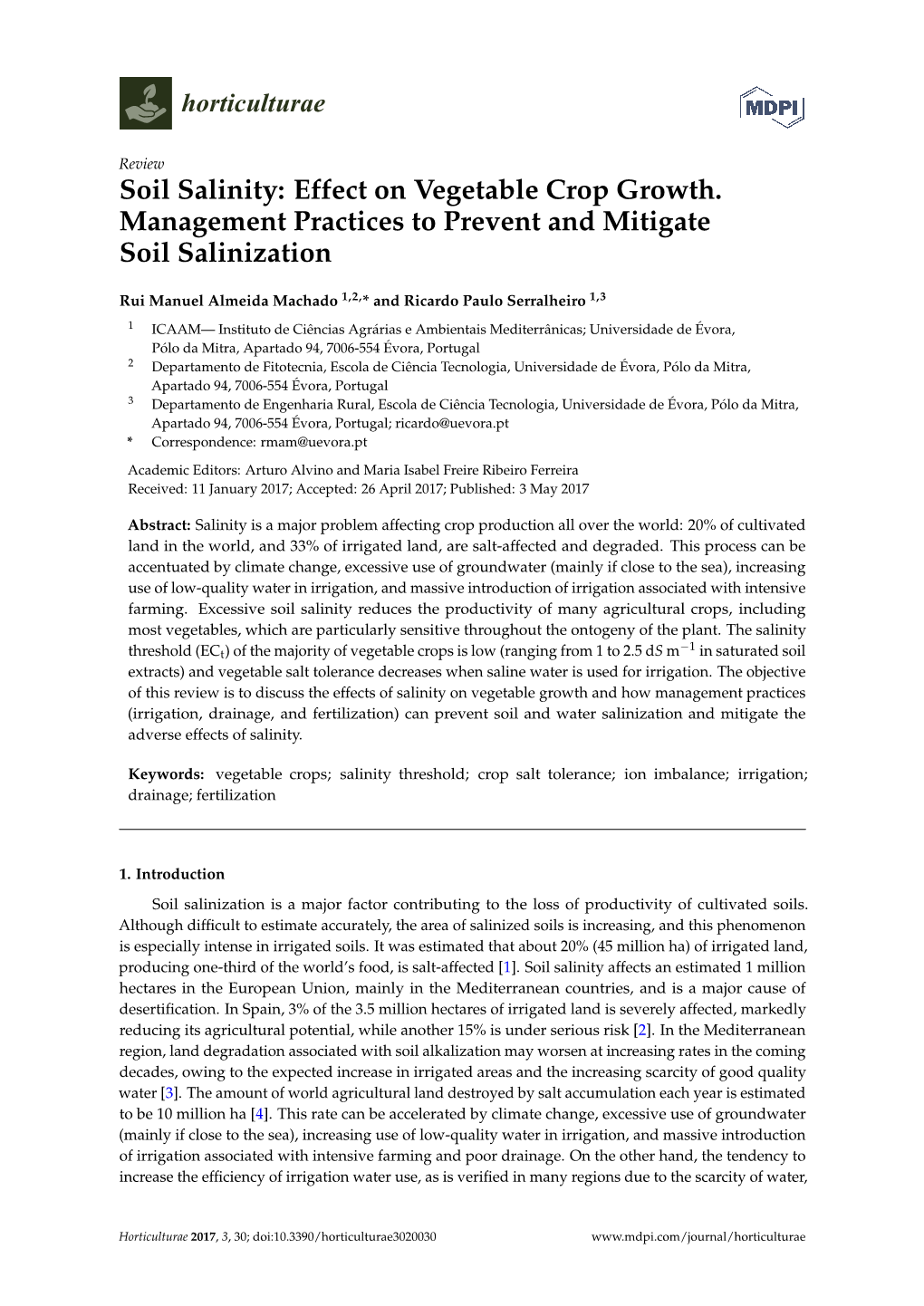 Soil Salinity: Effect on Vegetable Crop Growth. Management Practices to Prevent and Mitigate Soil Salinization