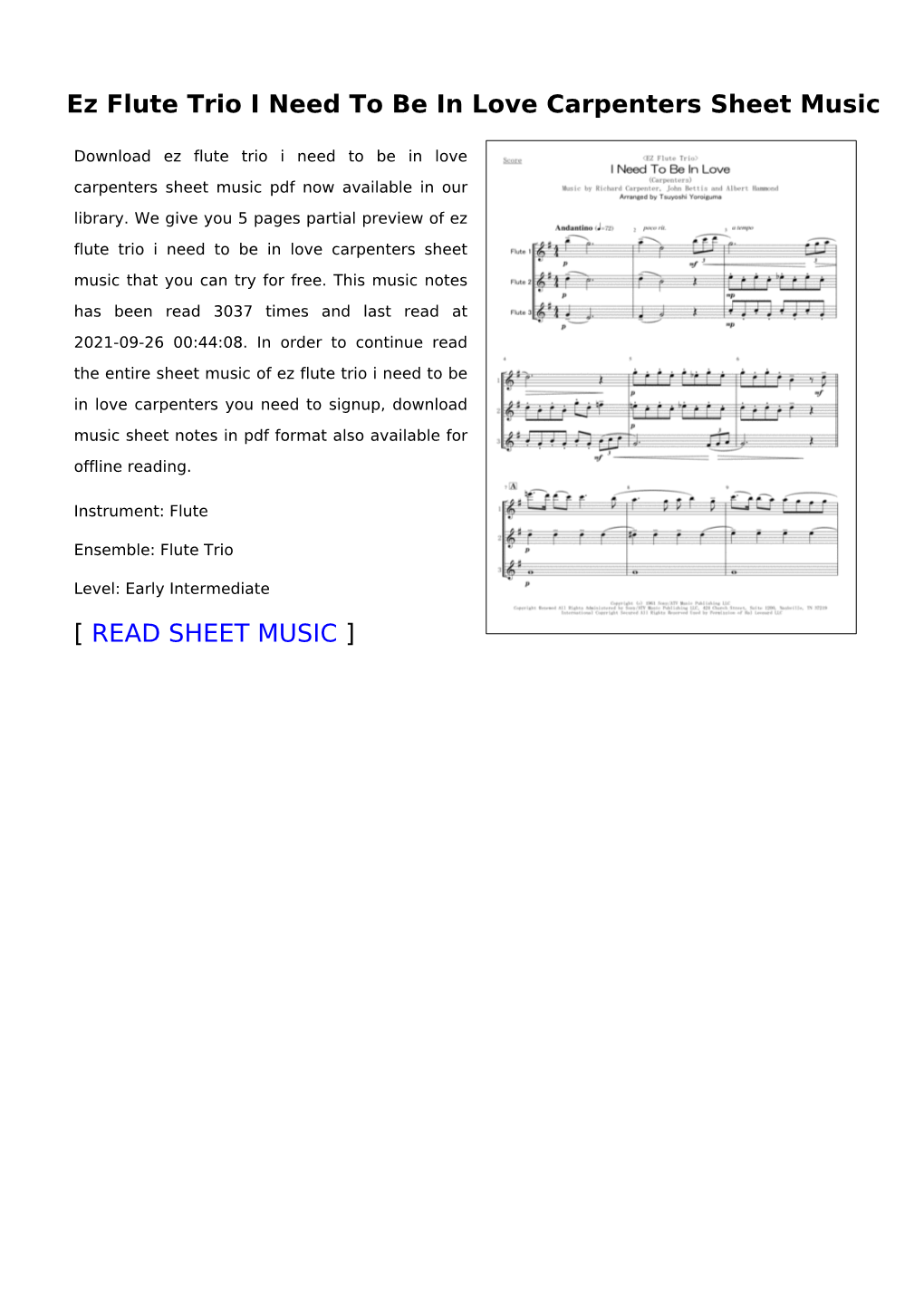 Ez Flute Trio I Need to Be in Love Carpenters Sheet Music