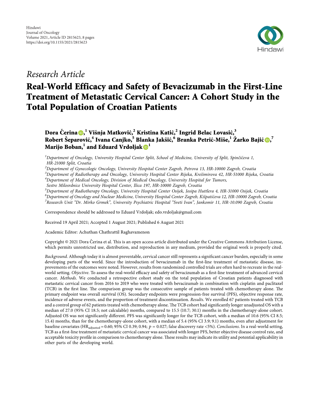 Real-World Efficacy and Safety of Bevacizumab in the First-Line Treatment of Metastatic Cervical Cancer: a Cohort Study in the Total Population of Croatian Patients