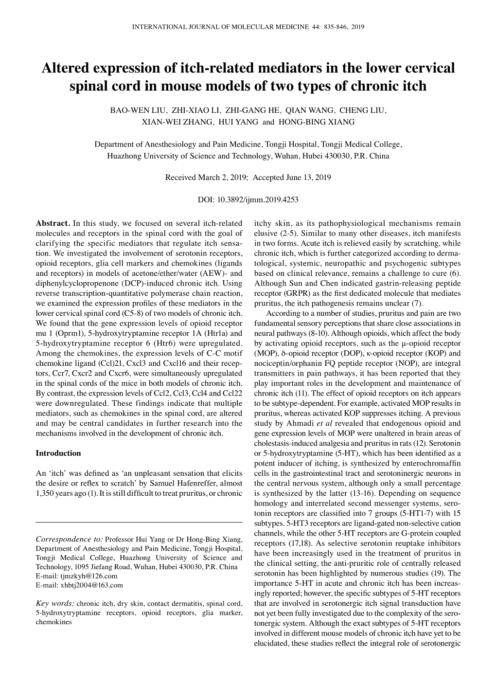 Altered Expression of Itch‑Related Mediators in the Lower Cervical Spinal Cord in Mouse Models of Two Types of Chronic Itch