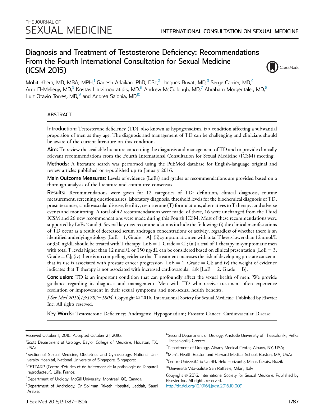 Diagnosis and Treatment of Testosterone Deficiency