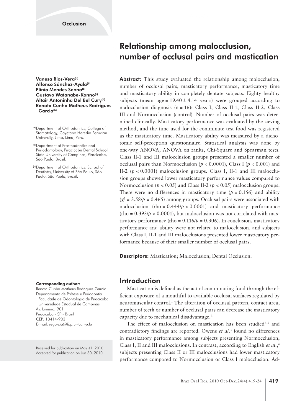 Relationship Among Malocclusion, Number of Occlusal Pairs and Mastication