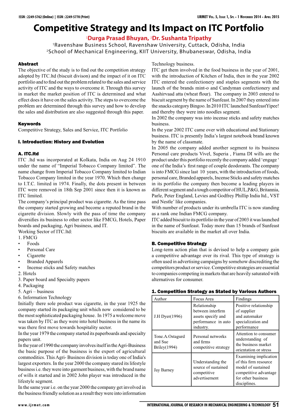 Competitive Strategy and Its Impact on ITC Portfolio 1Durga Prasad Bhuyan, 2Dr