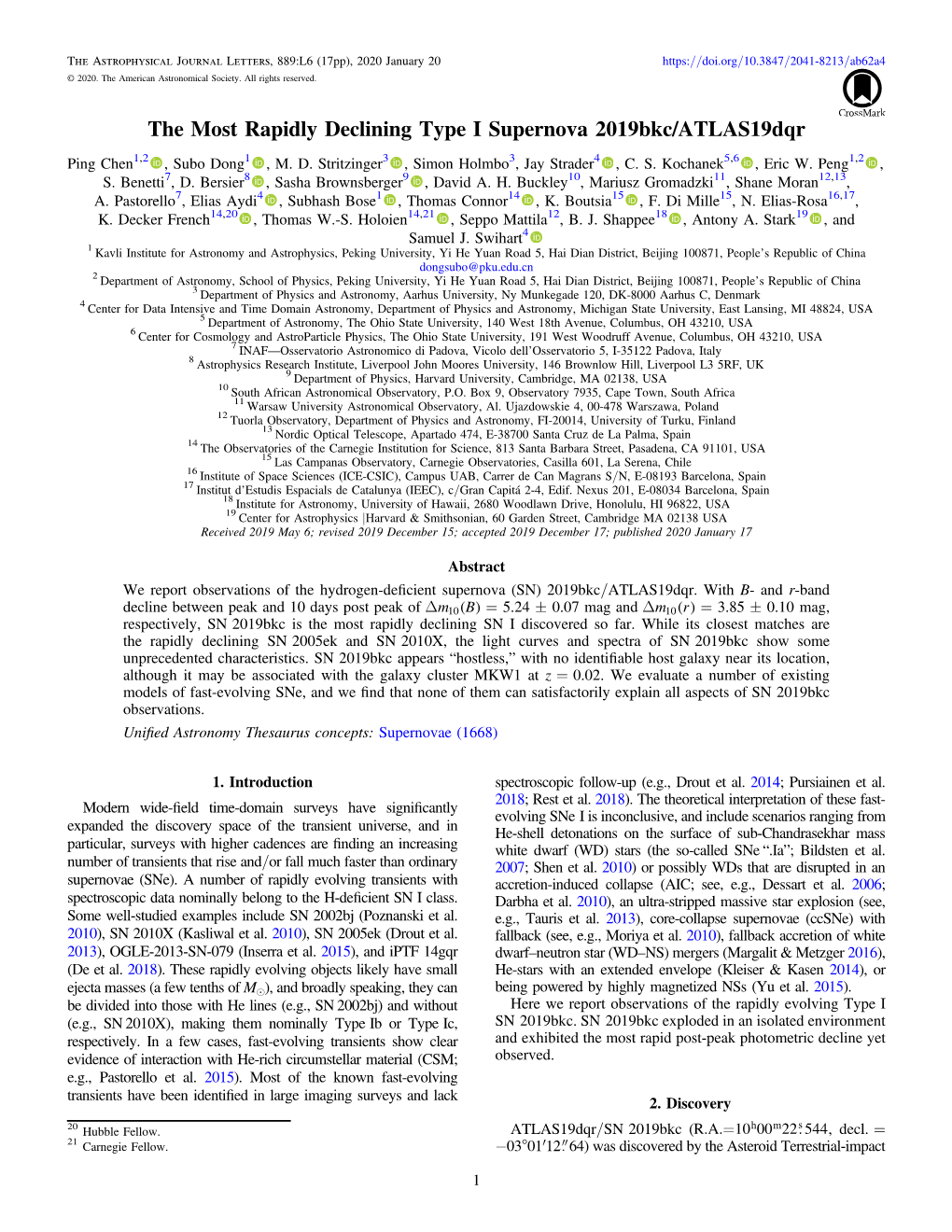 The Most Rapidly Declining Type I Supernova 2019Bkc/Atlas19dqr