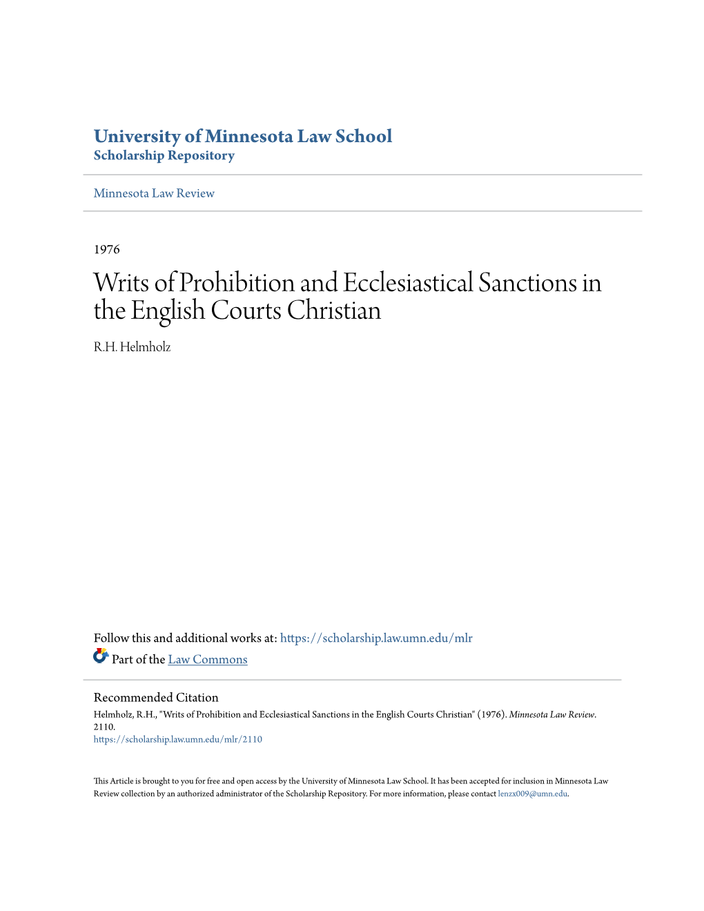 Writs of Prohibition and Ecclesiastical Sanctions in the English Courts Christian R.H
